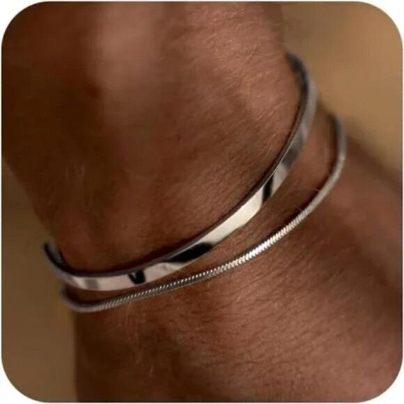 New Sterling Silver Plated Cuff Snake Box Cuban Link Chain Bangle Bracelet - Picture 1 of 8